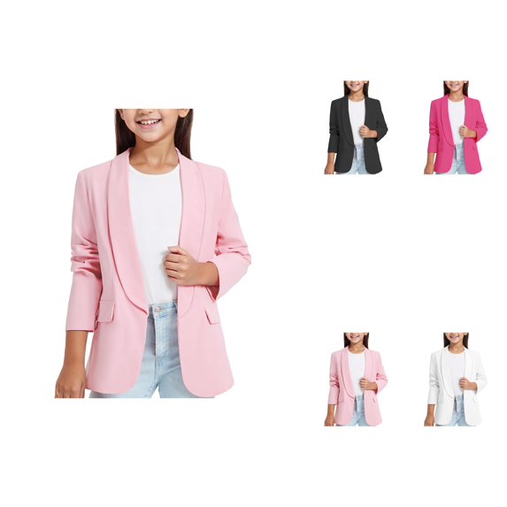 Girls Long Sleeve Shawl Collar Formal Suit Jacket with Open Front and Inner Pocket for Kids