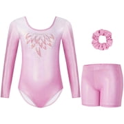 Leotards for Girls Gymnastics,Long Sleeve Sparkly Gradient Pink Dance Biketards with Shorts Ballet Tumbling Outfit for 5-10 Years