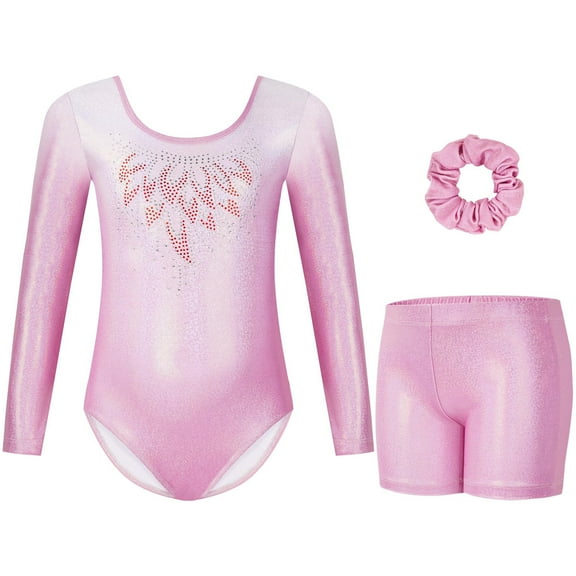 Girls Long Sleeve Shiny Metallic Gymnastics Leotards Bodysuit with Tights