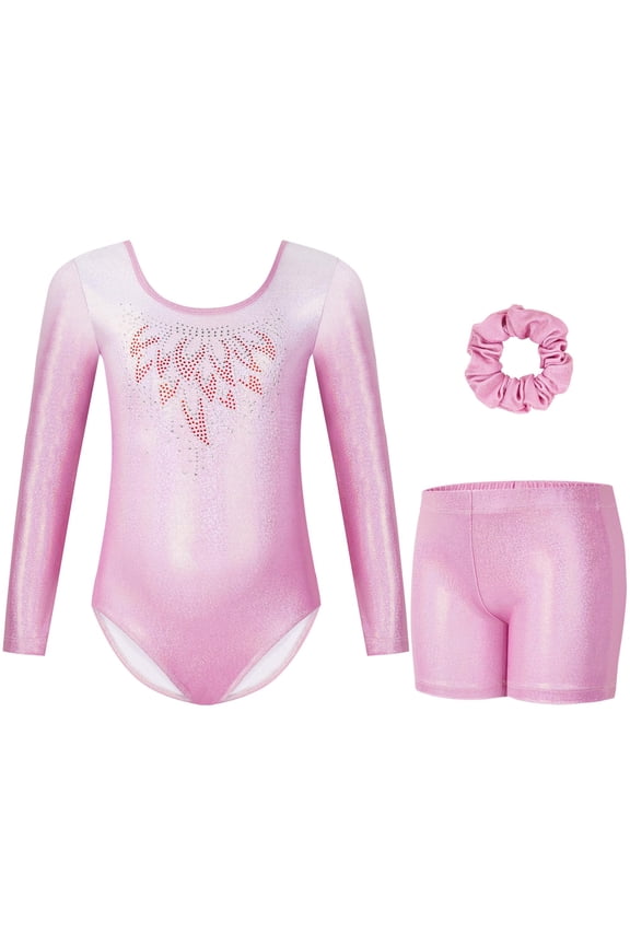 Girls Long Sleeve Shiny Metallic Gymnastics Leotards Bodysuit with Tights