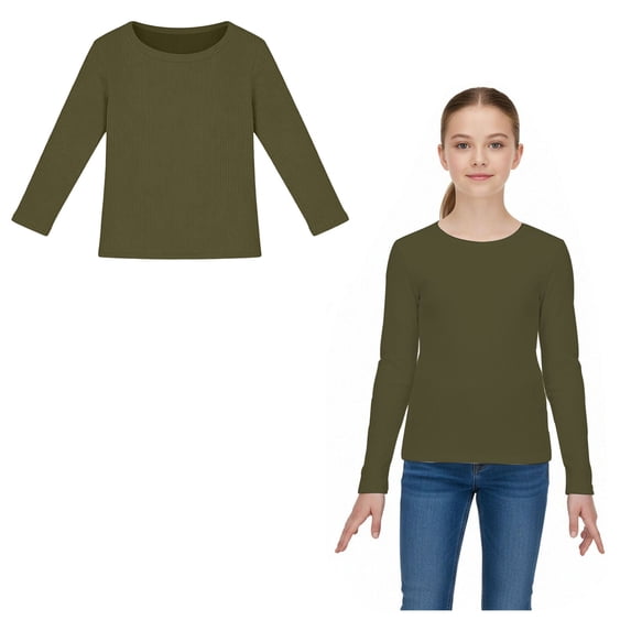Girls Long Sleeve Shirt Crew Neck Ribbed Stretch Tee Casual Base Layer Tops Cute Shirts for Tween 11-12 Years