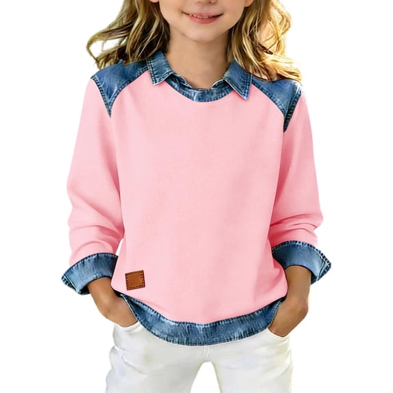 Girls Long Sleeve Shirt Lapel Collar Denim Patchwork Tops Casual Pullover Shirt Fashion Clothes for Youth Size 5-15 Year