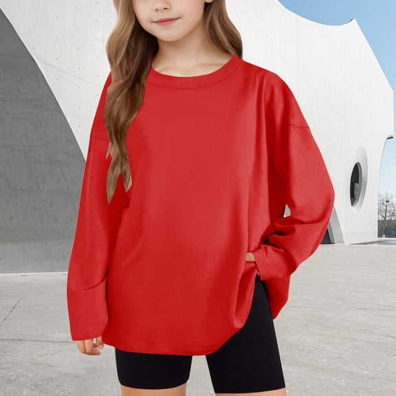 Girls Long Sleeve Shirt Red 100% Cotton Crewneck Top Soft Kids Kids Casual Shirt for School & Play,Size 12 T