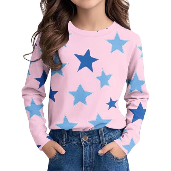 Girls Long Sleeve Shirt Star Print Crew Neck Casual Loose Fit Pullover Tops for Kids Fall Outfits Casual T-Shirt