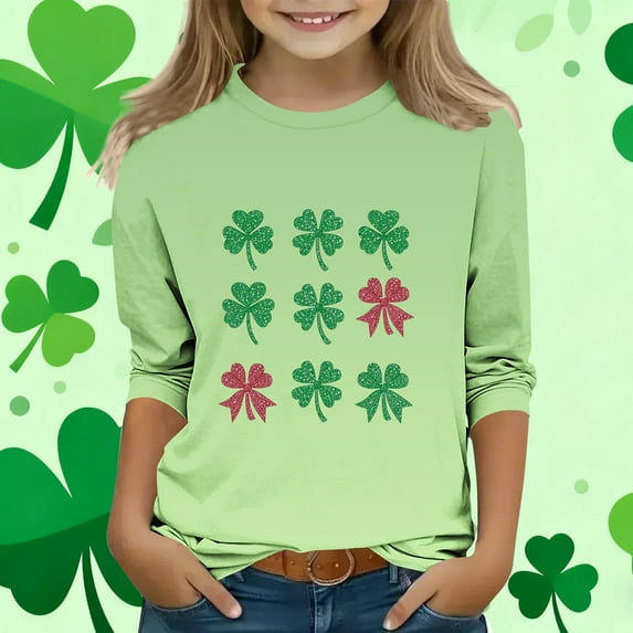 Girls Long Sleeve Shirt with Glitter Clover and Bow Print, Soft Stretch Tee for Kids 4-12 Years, Multicolor,Size 5-6T