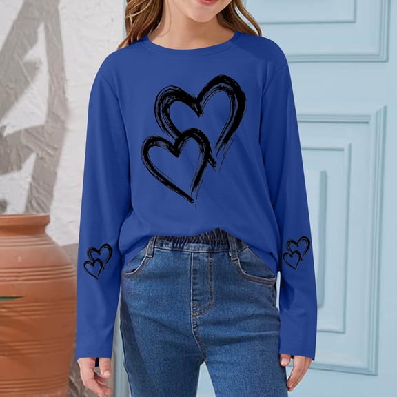 Girls Long Sleeve Shirt with Heart Print | Soft Stretchy Casual Top for Kids Kids Big Girls | Blue Tee for School Play Everyday,Size 2-3 T