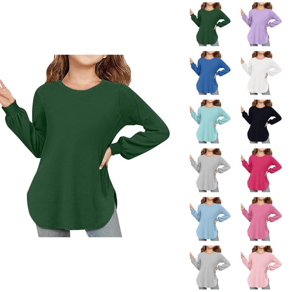 Girls Long Sleeve Shirts 2025 Trendy Spring Fall Crew Neck Lantern Sleeve Cute Curved Hem Tshirt Shirts Girls Blouse Top