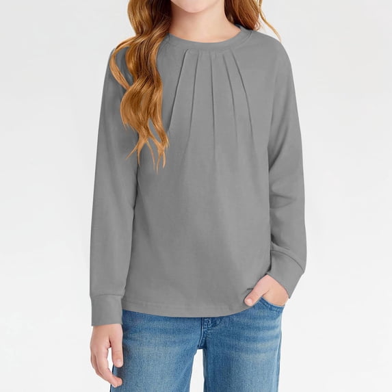 Girls Long Sleeve Shirts Casual Crewneck Blouses Tops Cotton Girls Shirts with Lace Sleeve Tunics 5-14 Years
