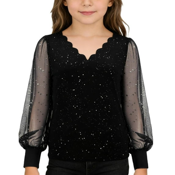 Girls Long Sleeve Shirts Casual Party Top with Sparkly Mesh V Neck Tee Glitter Shine Shirt for Celebration Blouse