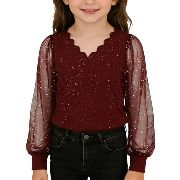 Girls Long Sleeve Shirts Casual Party Top with Sparkly Mesh V Neck Tee Glitter Shine Shirt for Celebration Blouse