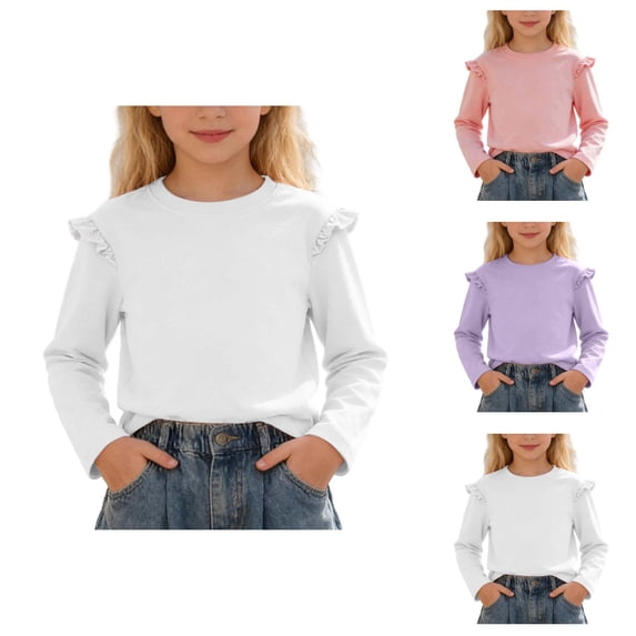 Girls Long Sleeve Shirts Chiffon Blouses Kids Cute Puff Sleeve Ruffle Neck Casual Tops 5-14 Years