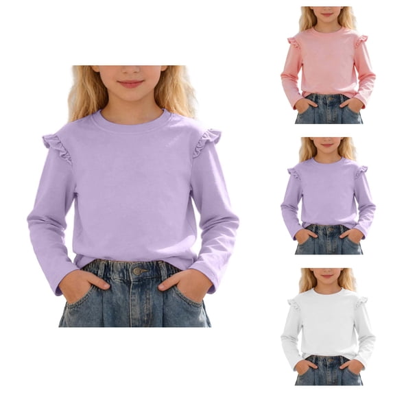 Girls Long Sleeve Shirts Chiffon Blouses Kids Cute Puff Sleeve Ruffle Neck Casual Tops 5-14 Years
