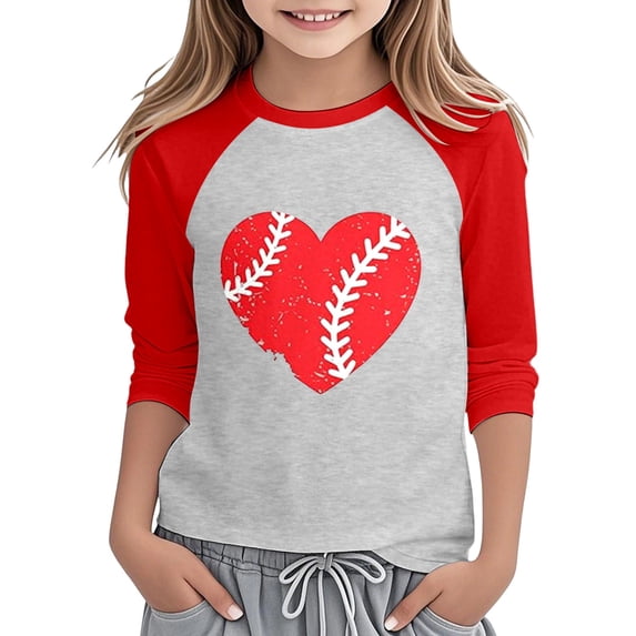 Girls Long Sleeve Shirts Crewneck Graphic Tees Spring Tops for Girls 4t Casual Color Block Cute Pullover Blouses Tops(Size 3-4 Years,1-Red)