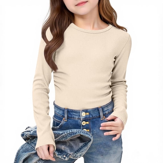 Girls Long Sleeve Shirts Crewneck Ruched Side Slim Fit Tops Ribbed Knit Casual Basic Tees Shirt 5-16 Years