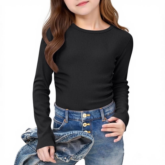 Girls Long Sleeve Shirts Crewneck Ruched Side Slim Fit Tops Ribbed Knit Casual Basic Tees Shirt 5-16 Years