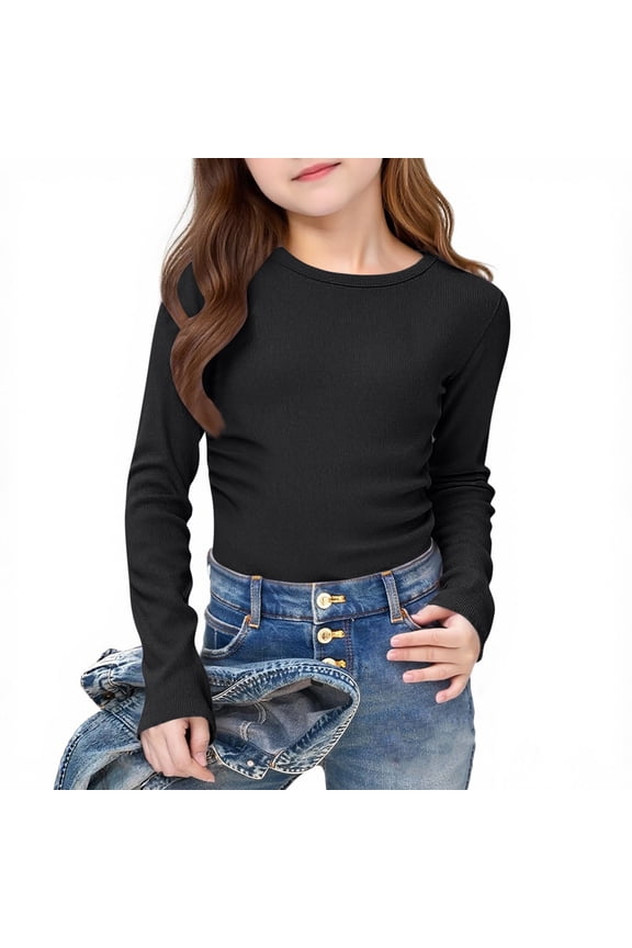 Girls Long Sleeve Shirts Crewneck Ruched Side Slim Fit Tops Ribbed Knit Casual Basic Tees Shirt 5-16 Years