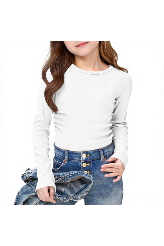 Girls Long Sleeve Shirts Crewneck Ruched Side Slim Fit Tops Ribbed Knit Casual Basic Tees Shirt 5-16 Years
