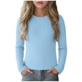 thumbnail image 1 of Girls Long Sleeve Shirts Crewneck Slim Fit Ribbed Knit Tops Ruffle Hem Fashion Tee Shirt Lightweight Casual Blouses 5-16 Years, 1 of 6