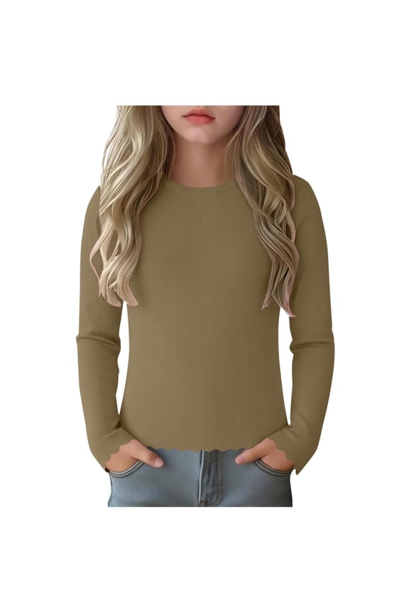 Girls Long Sleeve Shirts Crewneck Slim Fit Ribbed Knit Tops Ruffle Hem Fashion Tee Shirt Lightweight Casual Blouses 5-16 Years