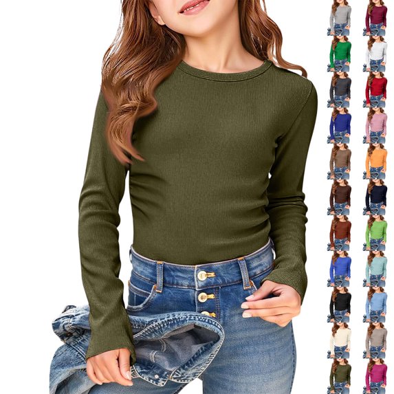 Girls Long Sleeve Shirts Crewneck Slim Fit Tops Ribbed Knit Tee Shirt (Army Green 15-16)