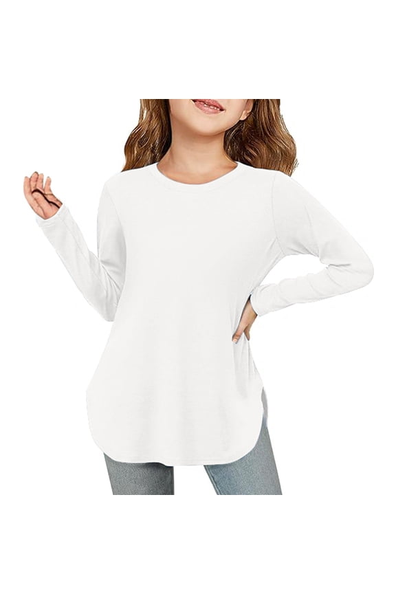 Girls Long Sleeve Shirts Kids Arc Hem Side Slit Soft Tunic Tops T Shirts