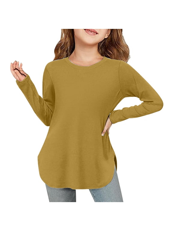 Girls Long Sleeve Shirts Kids Arc Side Slit Soft Tunic Tops Tees Yellow 6-7 Years