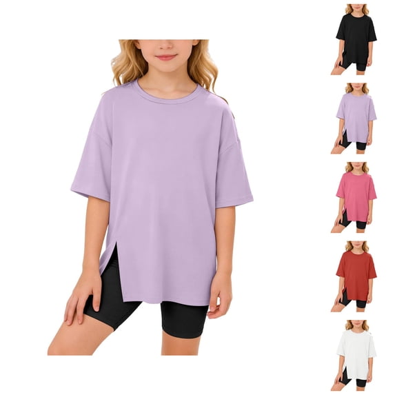 Girls Long Sleeve Shirts Kids Curve Hem Side Slit Soft Tunic Tops T-Shirts 5-14 Years, Casual Daily Wear Blouse for Teenage Kids