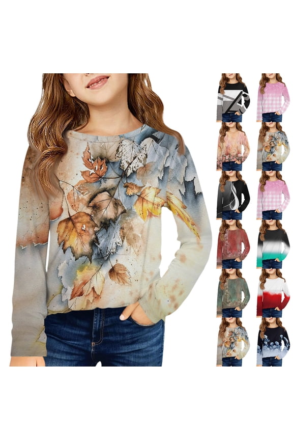 Girls Long Sleeve Shirts Pleated Crewneck Spring Fashion Tops Casual Maple Print Tees for Kids Yellow 140