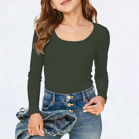 Girls Long Sleeve Shirts Ribbed Layering Tops U Neck Slim Fit Basic Tee Undershirts 5 16 Years