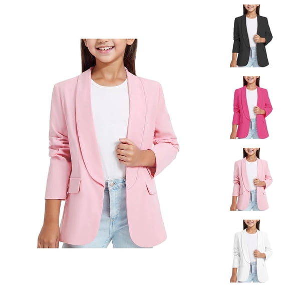 Girls Long Sleeve Shirts Shawl Style Formal Suit Jacket Open Front with Inner Pocket Elegant Outerwear for Kids Special Occasions
