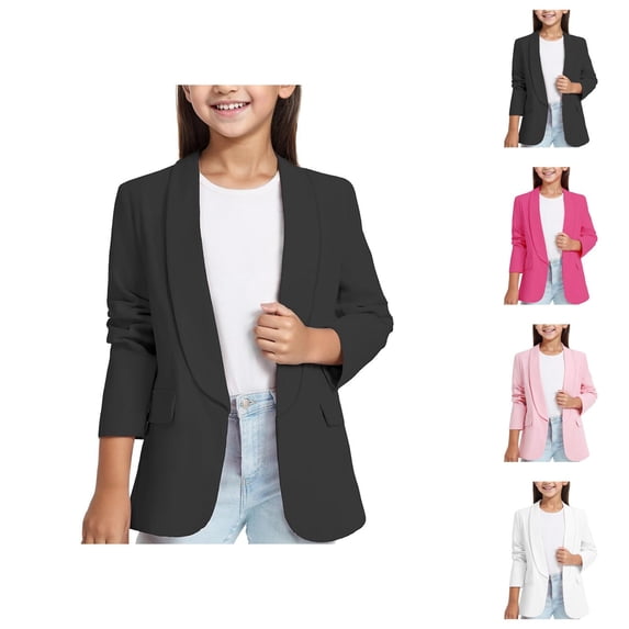 Girls Long Sleeve Shirts Shawl Style Formal Suit Jacket Open Front with Inner Pocket Elegant Outerwear for Kids Special Occasions
