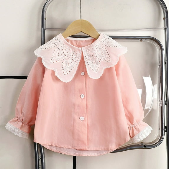 Girls Long Sleeve Shirts Size 2-10 Cute Button-Down Doll-Collared Tops Toddlers Kids Trendy Color-Block Lace Splice Lightweight Going Out Blouses