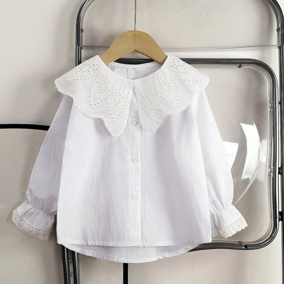 Girls Long Sleeve Shirts Size 2-10 Cute Button-Down Doll-Collared Tops Toddlers Kids Trendy Color-Block Lace Splice Lightweight Going Out Blouses