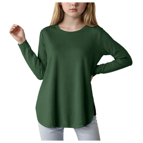 Girls Long Sleeve Shirts Teen Girl Clothes Girls Long Sleeve Shirts Kids Casual Crewneck Soft Side Slit Tunic Tops Blouse Dark Green 4-5 Years
