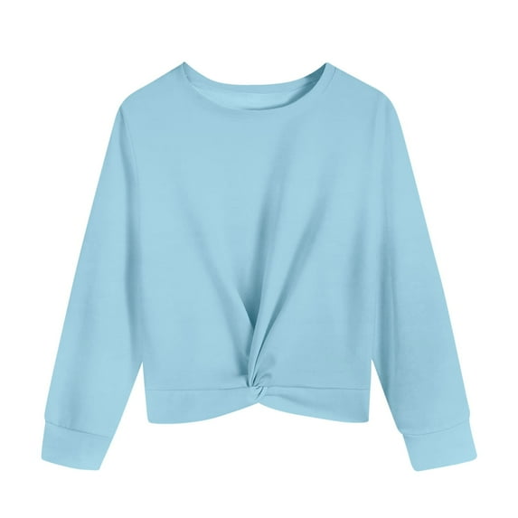 Girls Long Sleeve Shirts Twist Front Knot Crewneck Tops Spring Fall Casual Tshirts Blouses 4-12T (9 Years, Light Blue)