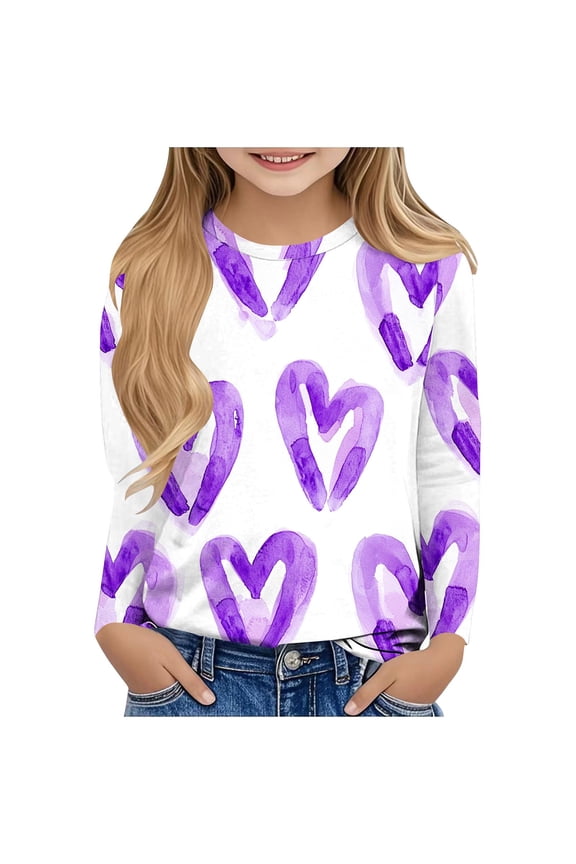 Girls Long Sleeve Shirts Valentine's Day Cute Graphic Tees Crewneck Shirt Casual Pullover Tops for Girls Size 3-14