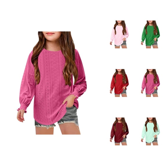 Girls Long Sleeve Shirts with Hollow Out Detail Casual Loose Fit Round Neck Blouse Breathable Daily Wear Stylish Shirts for Girls