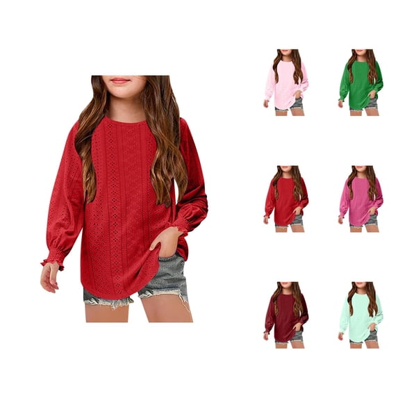 Girls Long Sleeve Shirts with Hollow Out Detail Casual Loose Fit Round Neck Blouse Breathable Daily Wear Stylish Shirts for Girls