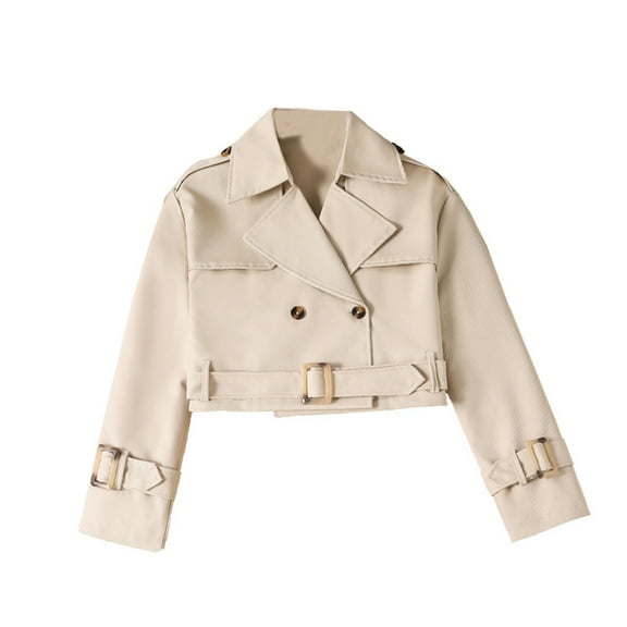 Girls Long Sleeve Short Jacket Solid Regular Turn Down Collar With Belt Stylish Casual Outerwear Fashionable Layering Piece Comfortable For Teen Girls And Tweens Beige