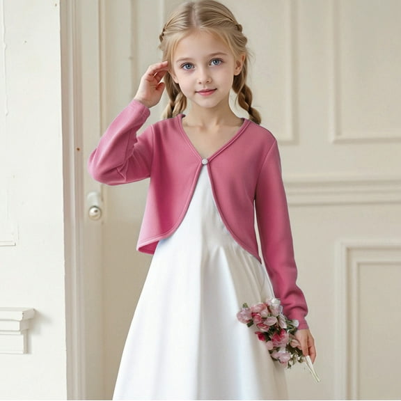 Girls Long Sleeve Shrug Button Cardigan Sweaters Toddler Cute Soild Color Long Sleece Crop Tops Fall Winter Comfy Outwears Cover Up 5-14 Years Kids