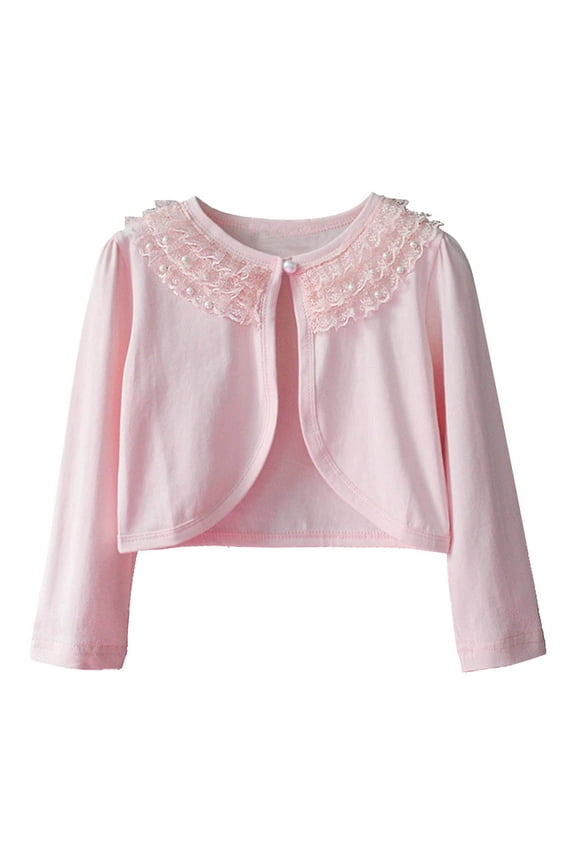 Girls' Long Sleeve Shrug Cotton Soft Shrugs with Lace Trim Bolero Cardigan Party Church Dress Cover Up (7-8 Years, Pink)