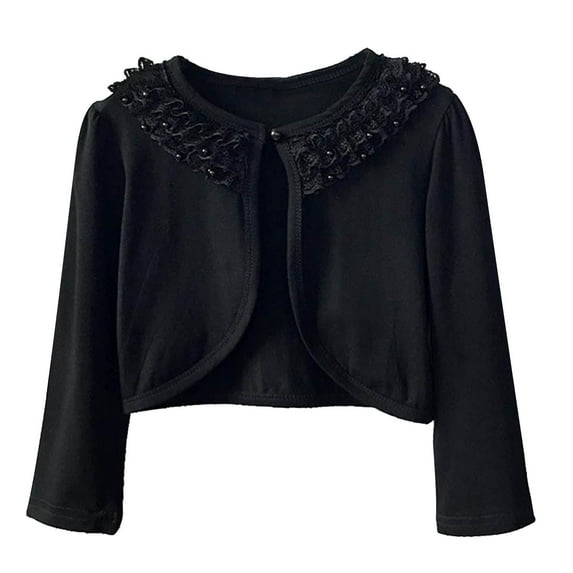 Girls' Long Sleeve Shrug Cotton Soft Shrugs with Lace Trim Bolero Cardigan Party Church Dress Cover Up (8-9 Years, Black)