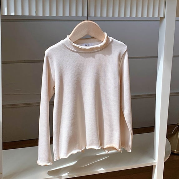 Girls Long Sleeve Solid Basic Tee Soft Casual Tops For Toddler Kids Winter Fall Layering Comfortable Everyday Wear, 4-5 Years, Beige