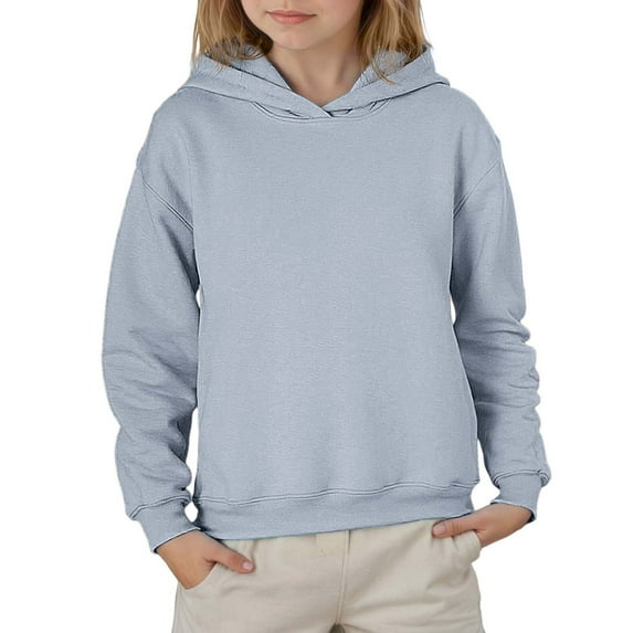 Girls Long Sleeve Solid Color Hooded Pullover Top For Kids And Tweens Casual Comfortable Sweatshirt 4-5 Years Grey