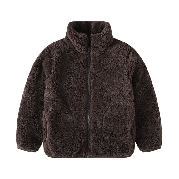 Girls Long Sleeve Solid Fleece Jacket Kids Zip up Stand Collar Solid Sherpa Coat with Pockets Fall Winter Soft Warm Fuzzy Plush Outwear Brown 8-9 Years