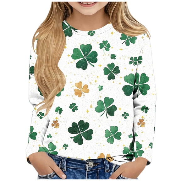 Girls' Long Sleeve St. Patrick's Day Shirt with Shamrock Glitter Print, Soft Beige Top for Kids Kids 3-14 Years,Size 11-12 T