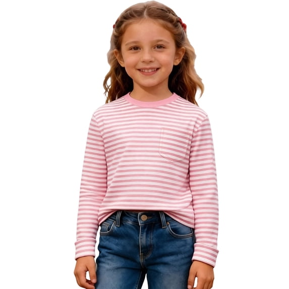 Girls Long Sleeve Striped Shirt with a Front Chest Pocket Girls Shirts Size 14 16 Classic Crewneck Pullover Casual Tee Tops(Size 4-5 Years,Pink)