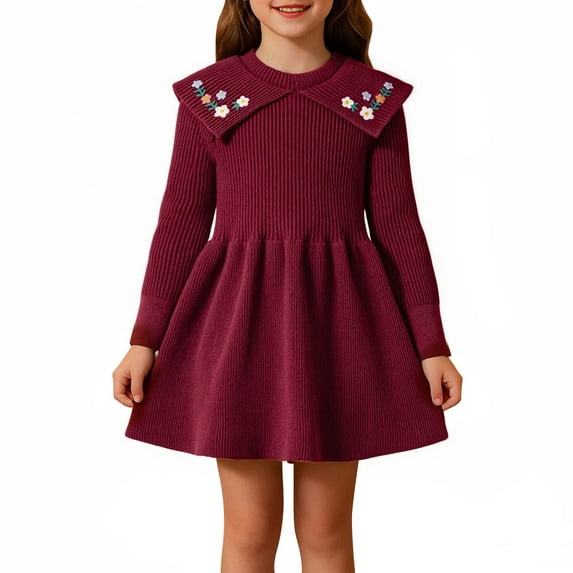 Girls' Long Sleeve Sweater Dress Cable Knit Crew Neck Christmas Dress Flower Embroidery Warm Dresses Layering Wear