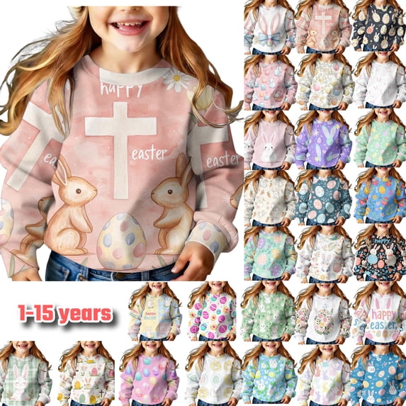 Girls Long Sleeve Sweatshirt Toddler Bunny Ear Floral Pullover Kids Casual Crewneck Tops Daily Playwear Comfortable Spring Easter Clothes for Teen