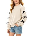 thumbnail image 1 of Girls Long Sleeve Sweatshirt Tops, Solid Color Bow Detail Pullover, Casual Everyday Clothing | Akmoler,Beige 3-4 Years, 1 of 7